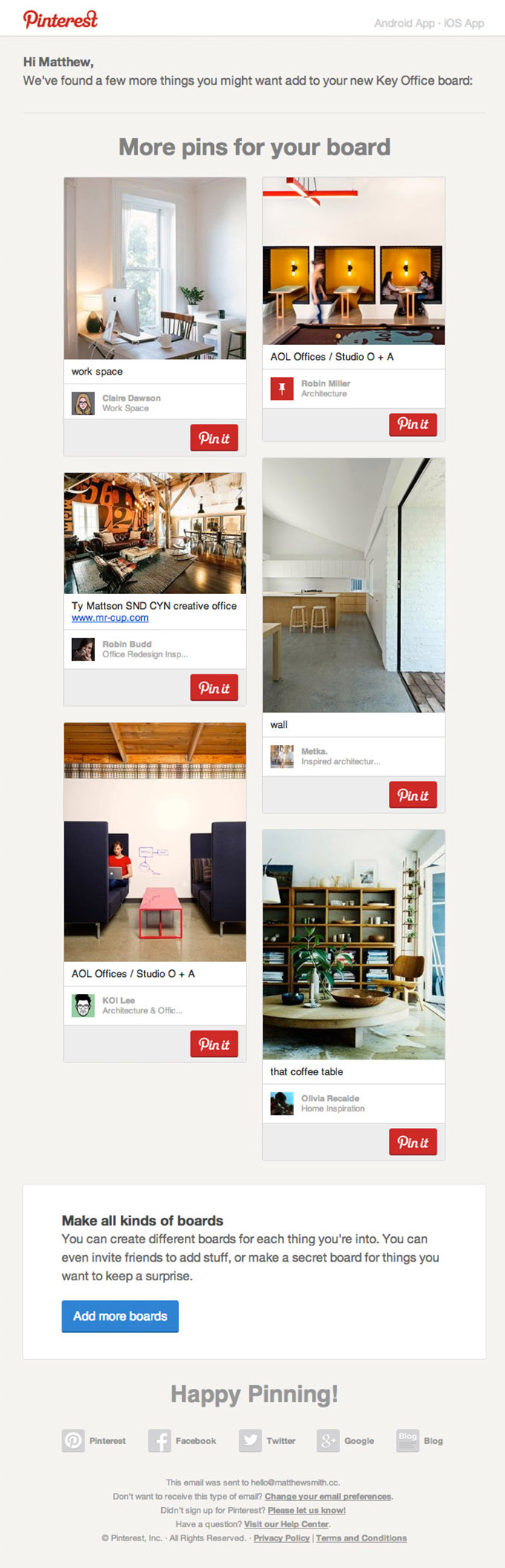 Pinterest email layout