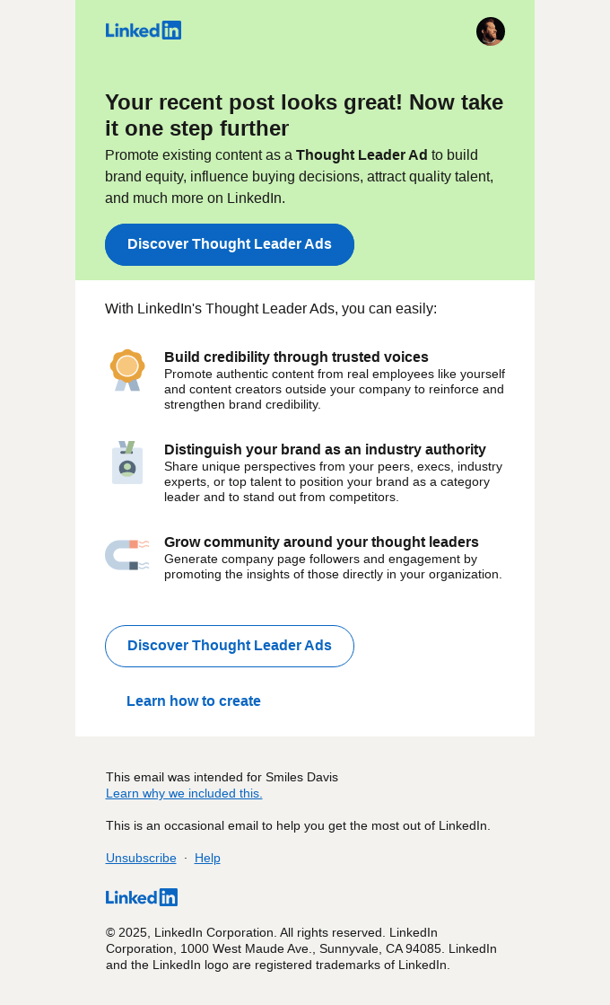 LinkedIn email layout