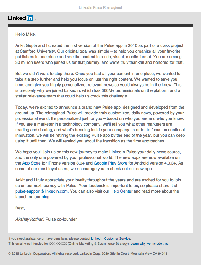 LinkedIn email layout