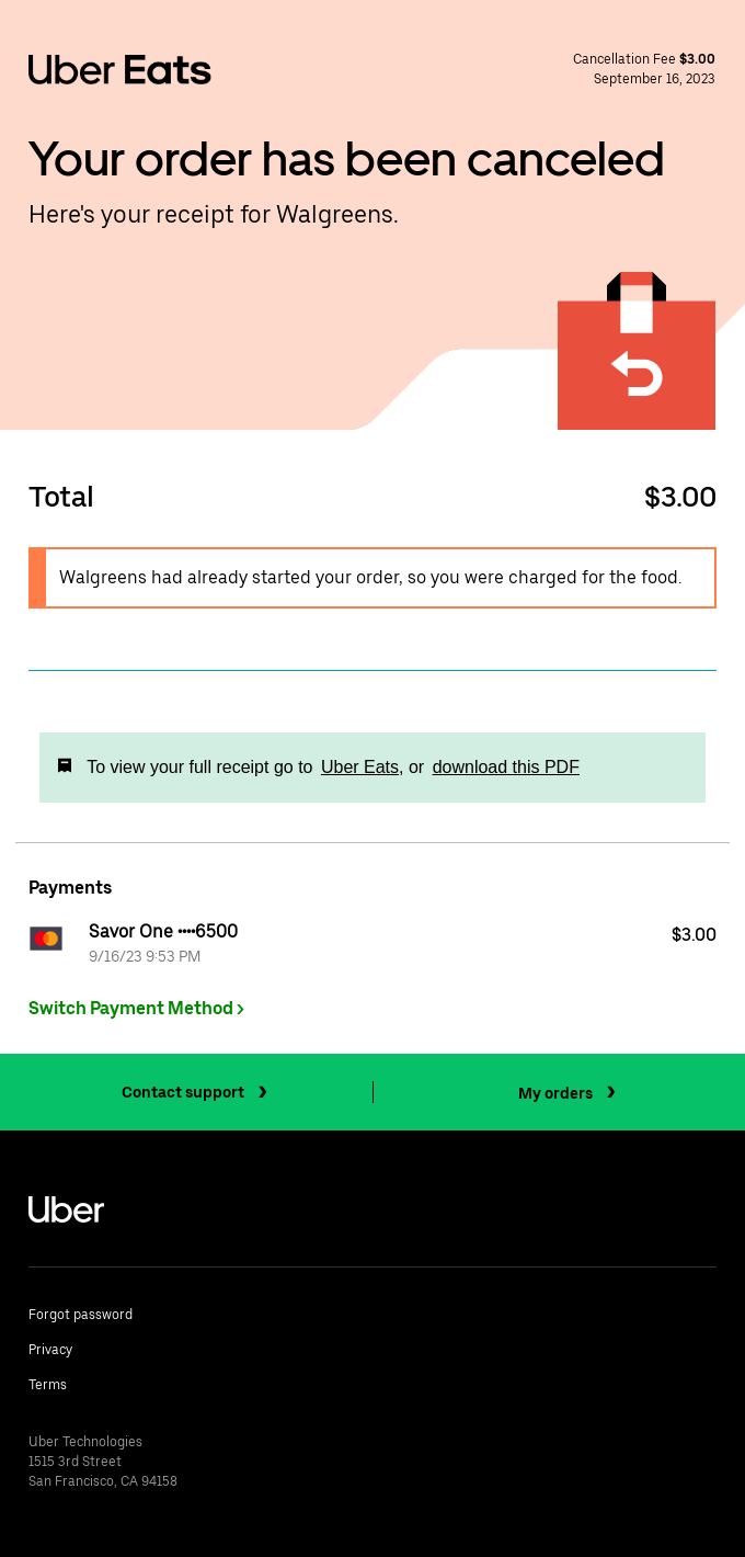 Uber Eats email layout