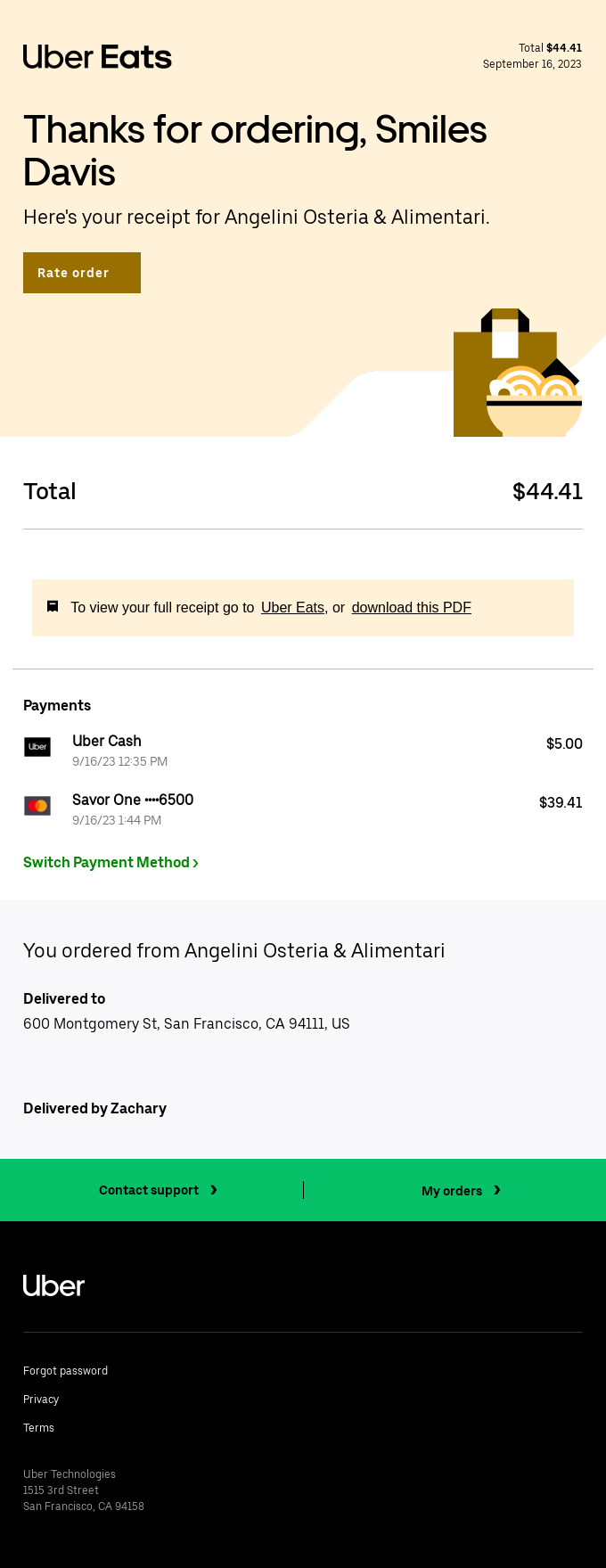 Uber Eats email layout