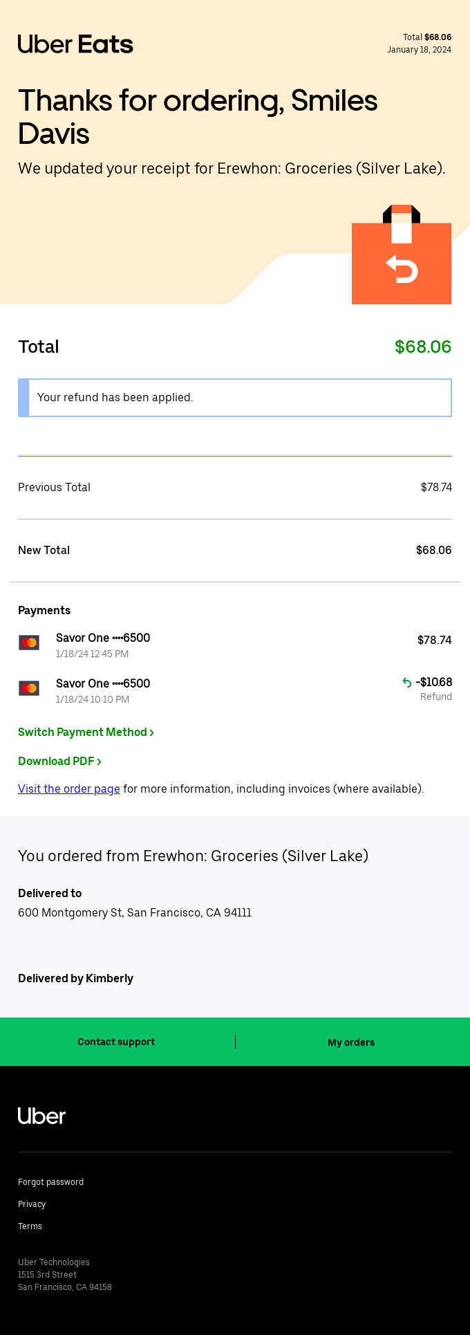 Uber Eats email layout